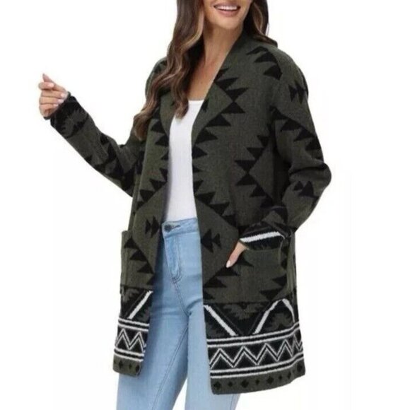 NWOT Frye Women's L Aztec Pattern Cardigan Sweater Polyester Spandex Open front - Picture 3 of 10